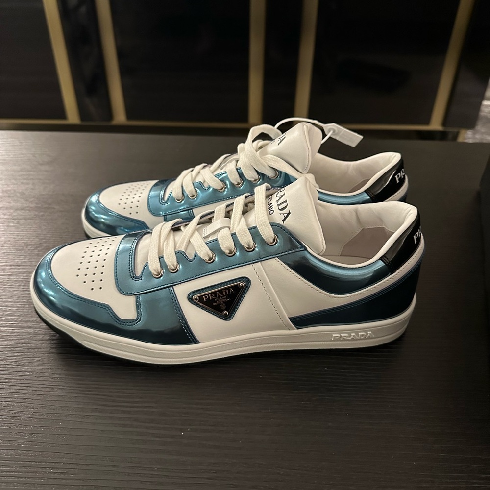 Limited Edition Prada Mens Downtown Metallic Blue Sneakers Size 9 New w Box!